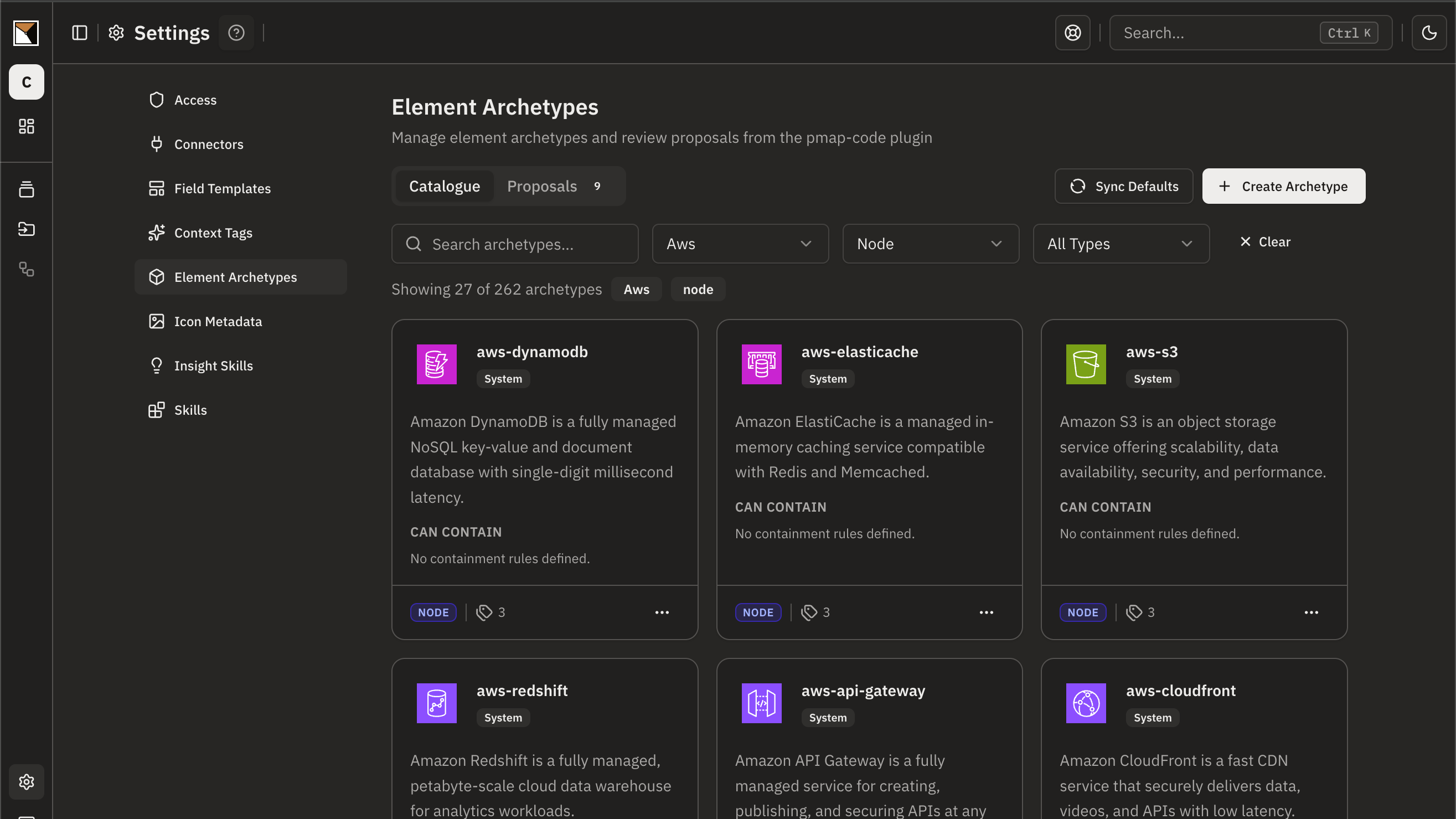 The Element Archetypes catalogue filtered to the AWS group: each shipped type with its icon and description, such as aws-dynamodb, aws-elasticache and aws-s3, beside Create Archetype for a type of your own.
