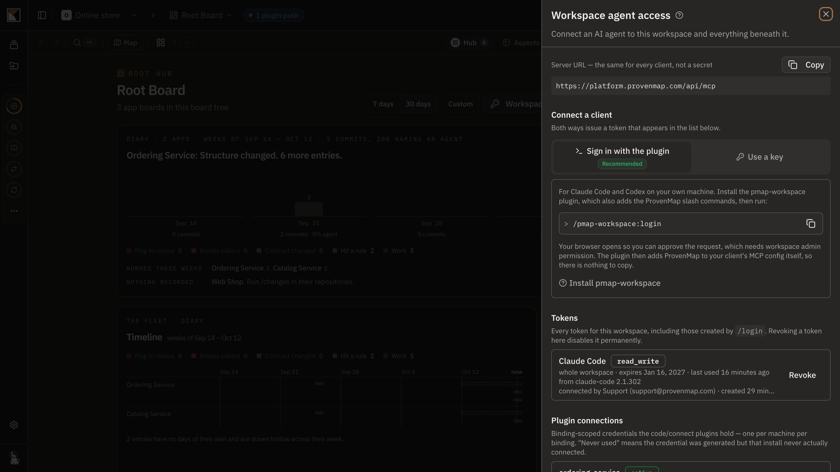 The Workspace agent access sheet on Online store's root hub: the MCP server URL, Sign in with the plugin or Use a key, and the read and write token one device sign-in created.