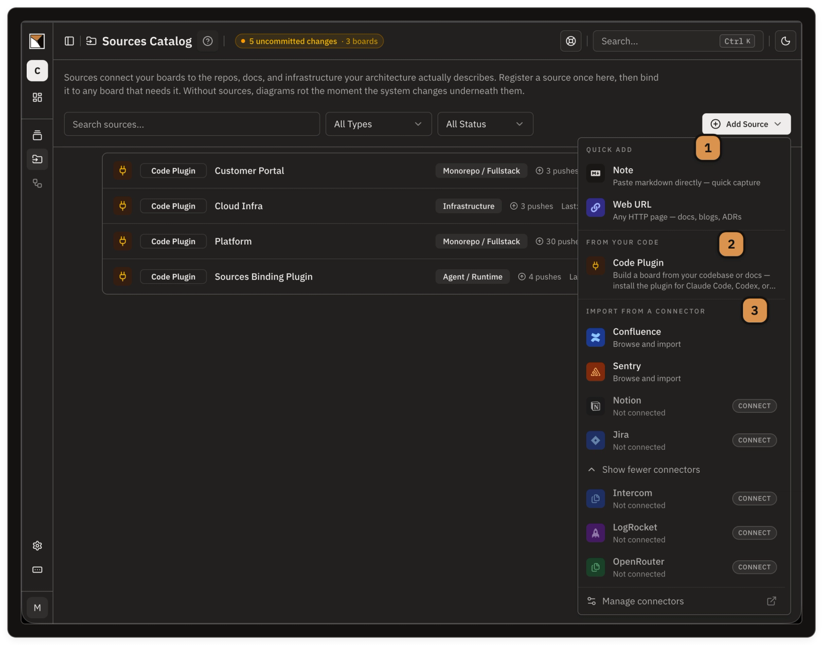 The Add Source menu inside the bind dialog's catalog picker, showing all three groupings