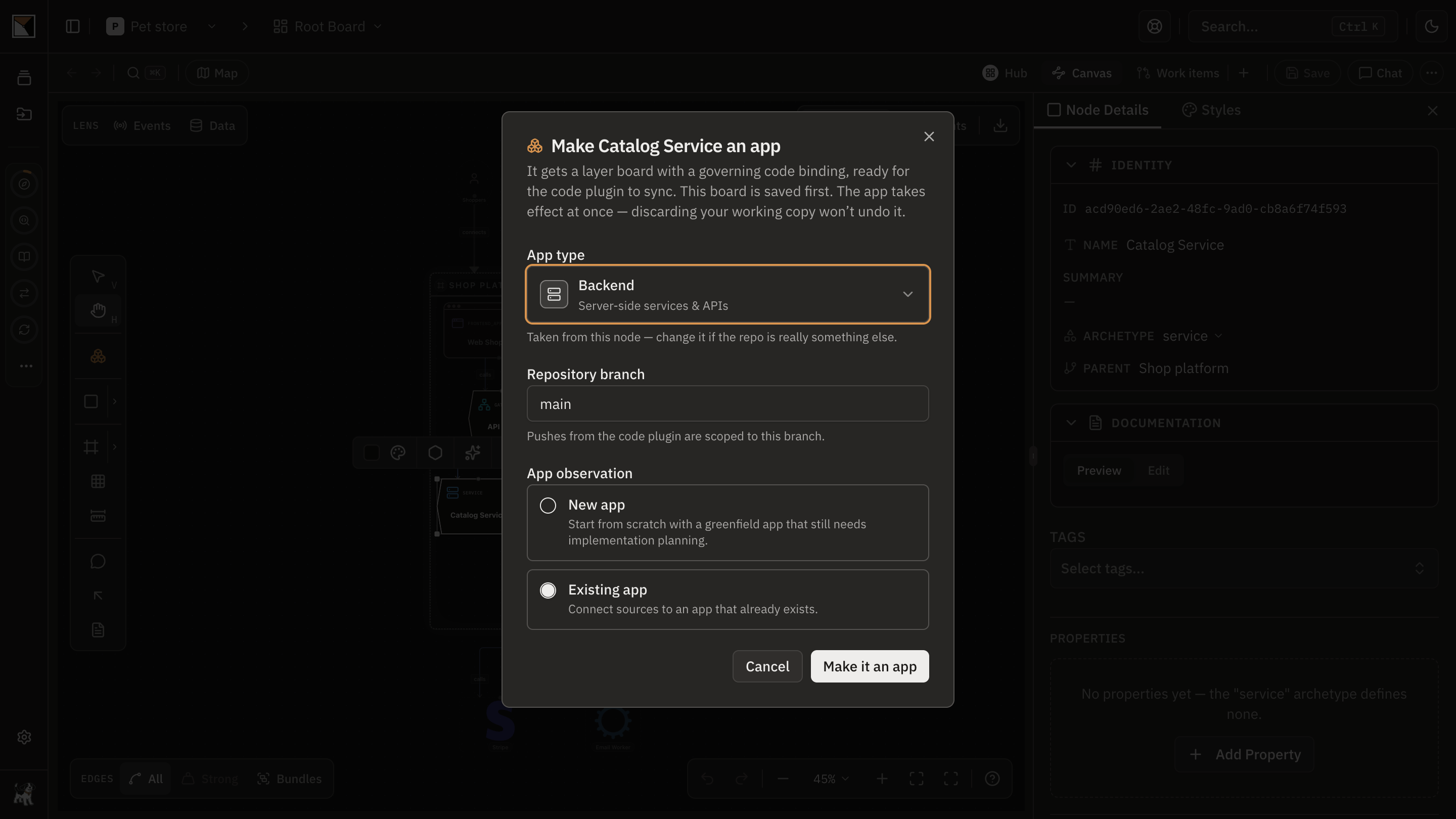 The Make this an app dialog over the landscape: the app type and the branch the plugin will sync.