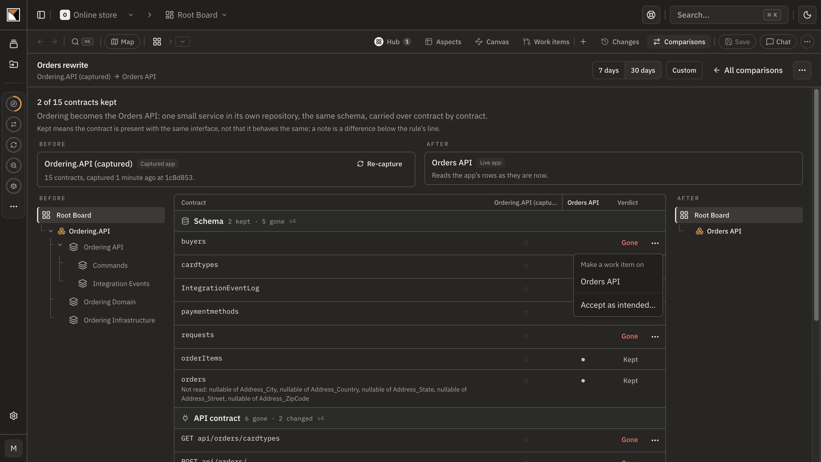 A gone row's menu in the Orders rewrite comparison, offering to create a work item on Orders API for the contract or to accept it with a reason.