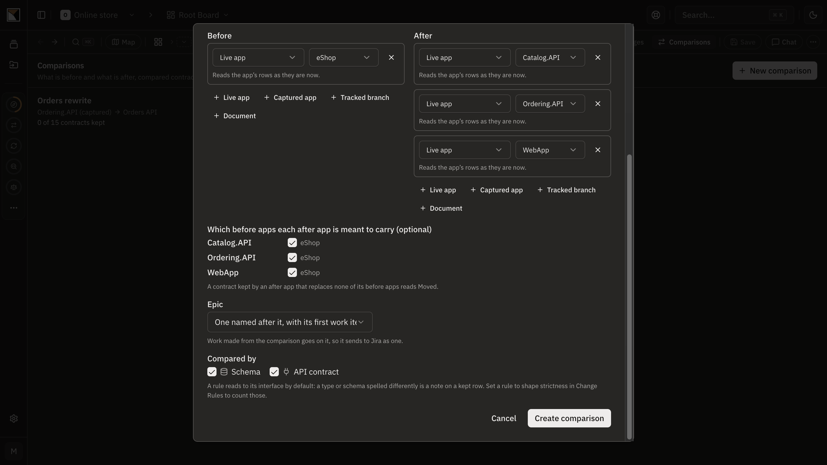 The New comparison dialog on the Monolith split preset: eShop on the before side, Catalog.API, Ordering.API and WebApp after, each naming the part of eShop it replaces.
