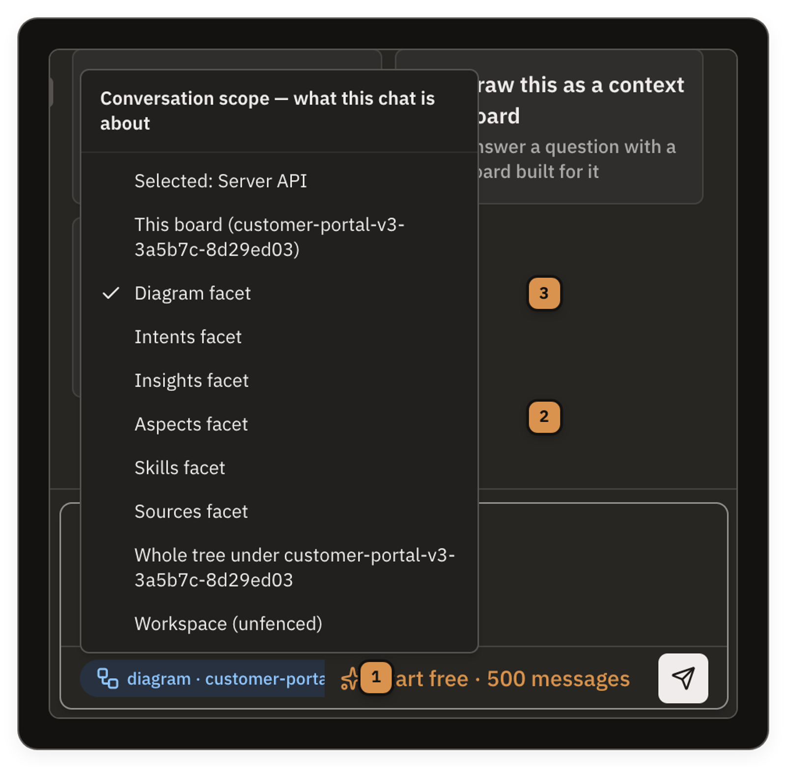 The chat dock's composer with the scope chip open, showing all five options with a facet scope selected