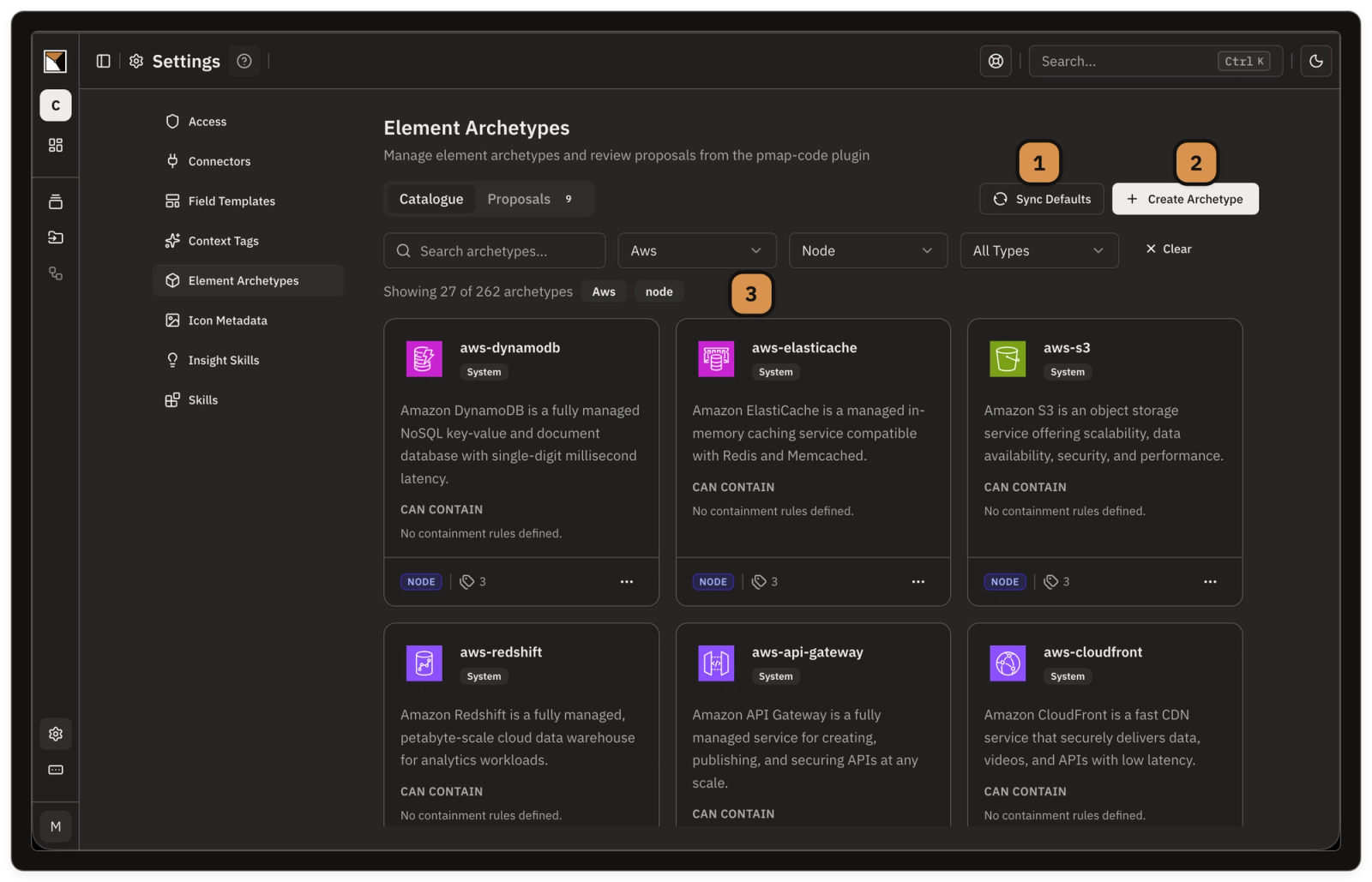 The Element Archetypes catalogue in Settings — a filterable grid of archetypes, filtered down by stack and element type, with the Create Archetype and Sync Defaults actions visible