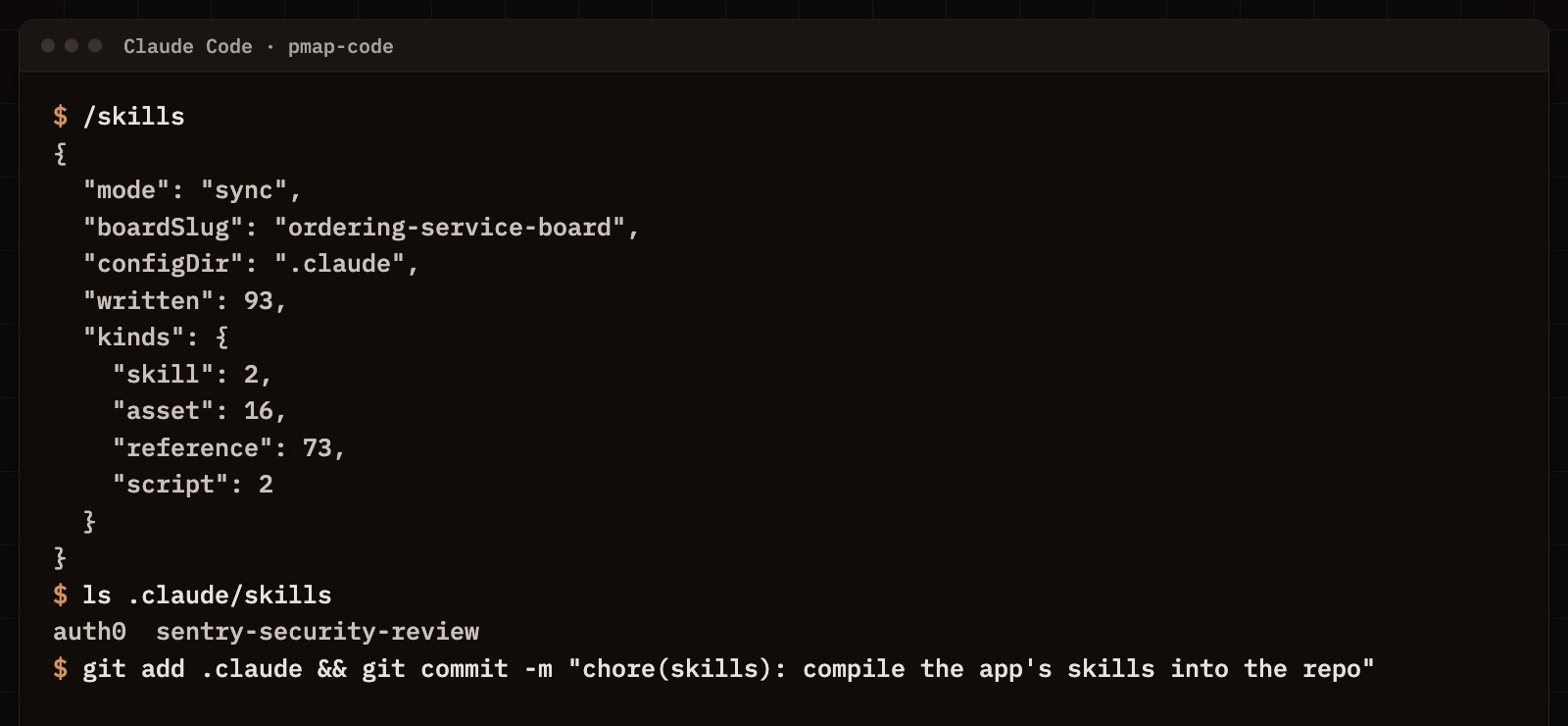 A terminal running /skills in the Ordering Service repository: 93 files written, two skills with their assets, references and scripts, then listed under .claude/skills and committed.