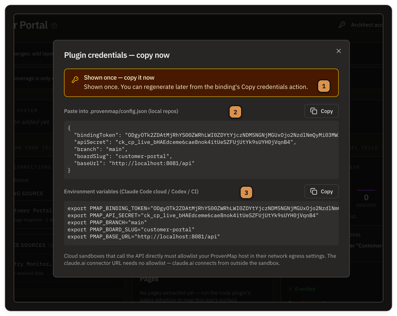 The bind-time "Plugin credentials — copy now" dialog — its amber shown-once warning above two copyable snippet blocks, the credentials.json form and the environment-variable form