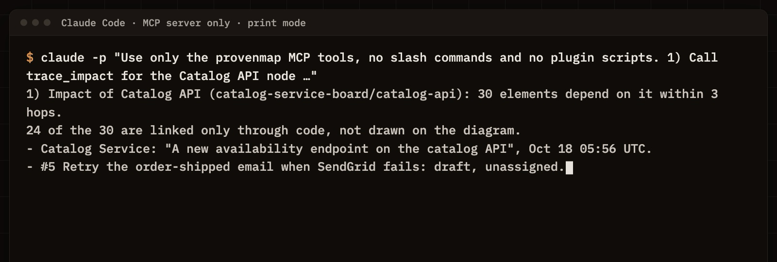 A terminal calling the MCP server with no plugin commands: the Catalog API's impact, 30 elements with 24 reached only through code, the newest change in the diary and the open work item.