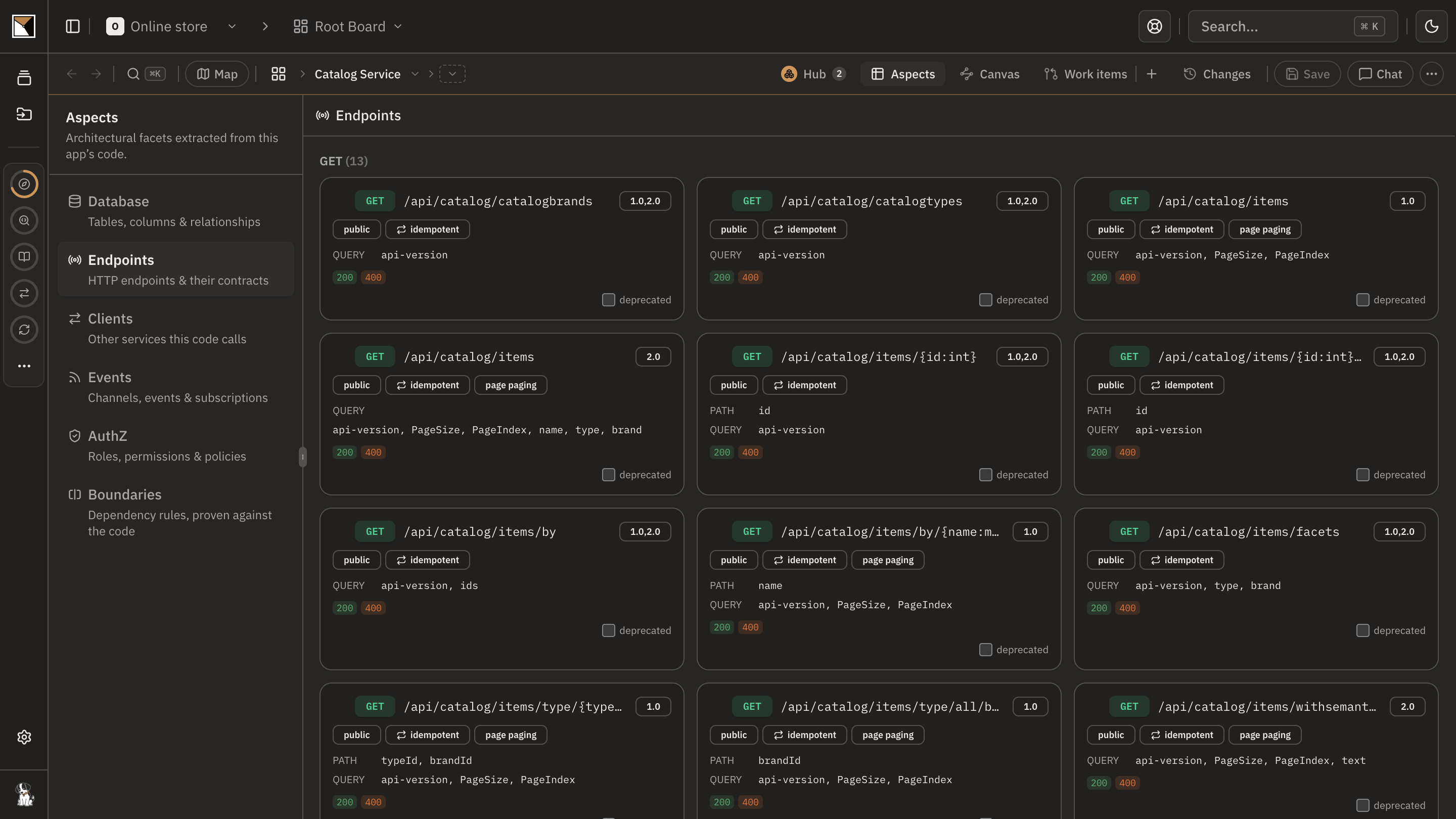 The Catalog Service board's Aspects screen on the Endpoints tab: the HTTP endpoints it serves, grouped by method, GET 13, POST 1, PUT 2, DELETE 1, read from the code.