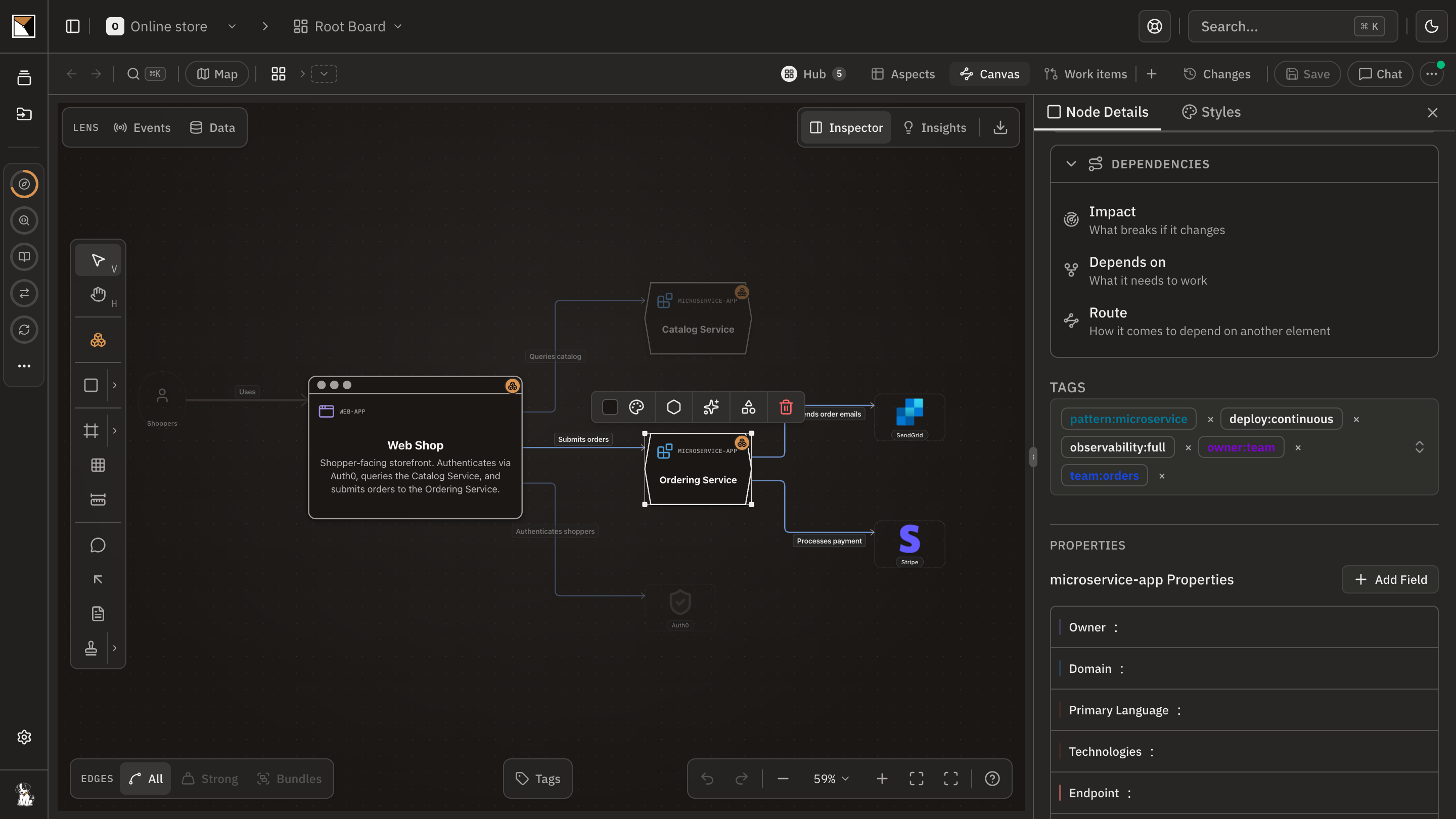 The Ordering Service node selected on the landscape, its inspector's tags showing owner:team and team:orders beside the tags the analysis set.