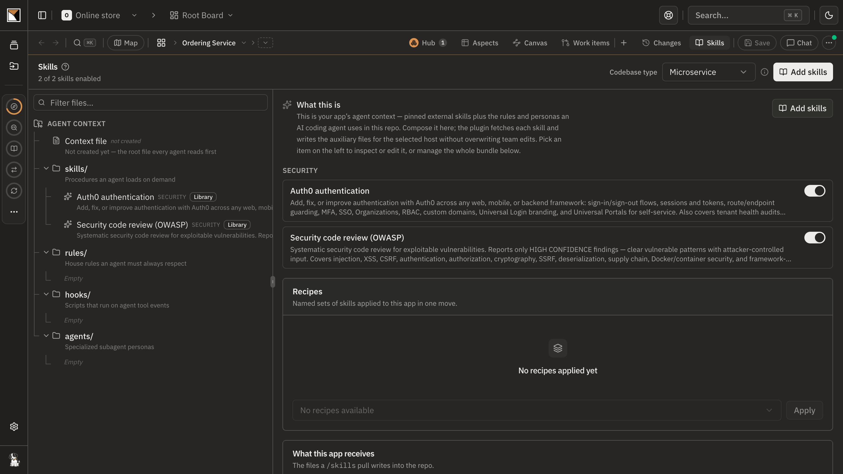 The app's Skills screen with two skills composed from the library, Auth0 authentication and Security code review (OWASP), and what this app receives.