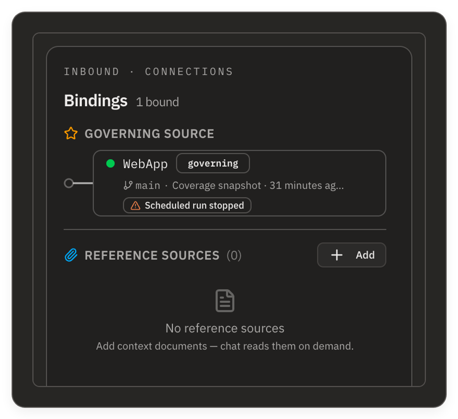 The Bindings card on an app board's hub. Under Governing source, the repo's chip shows its name and a governing badge, then its branch and last push, then a Scheduled run stopped badge with a warning triangle; Reference sources is empty.