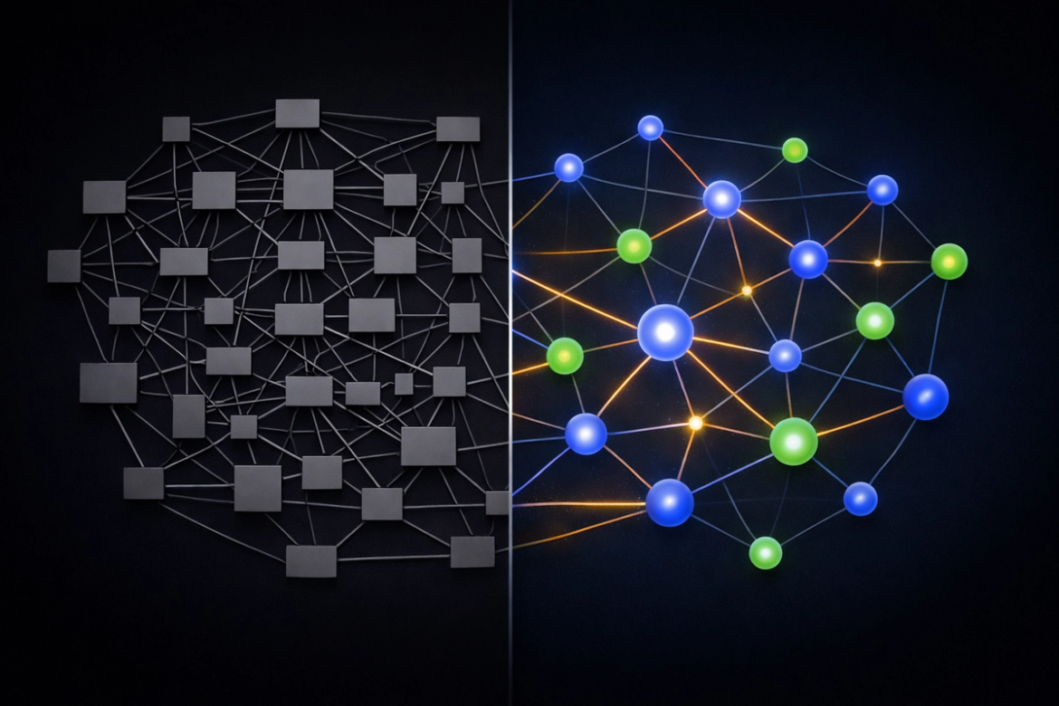 architectural diagram fading into fog on one side, with clear, labeled system connections emerging from the other — representing the gap between seeing a system and understanding it
