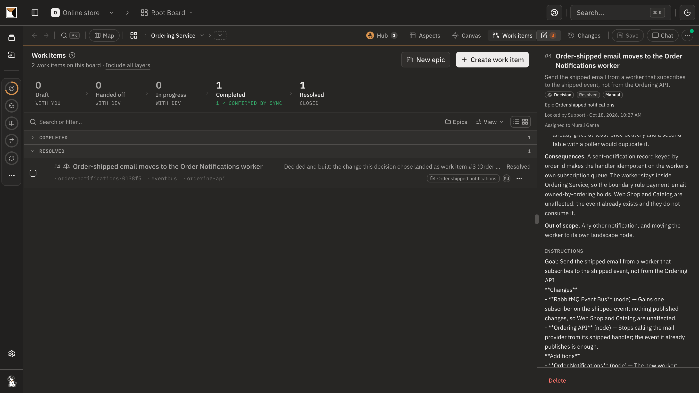 The Work items screen's stage band: 1 Completed, 1 confirmed by sync, with the structural work item Order shipped notifications move to a worker marked Confirmed by sync on Oct 18, 2026.