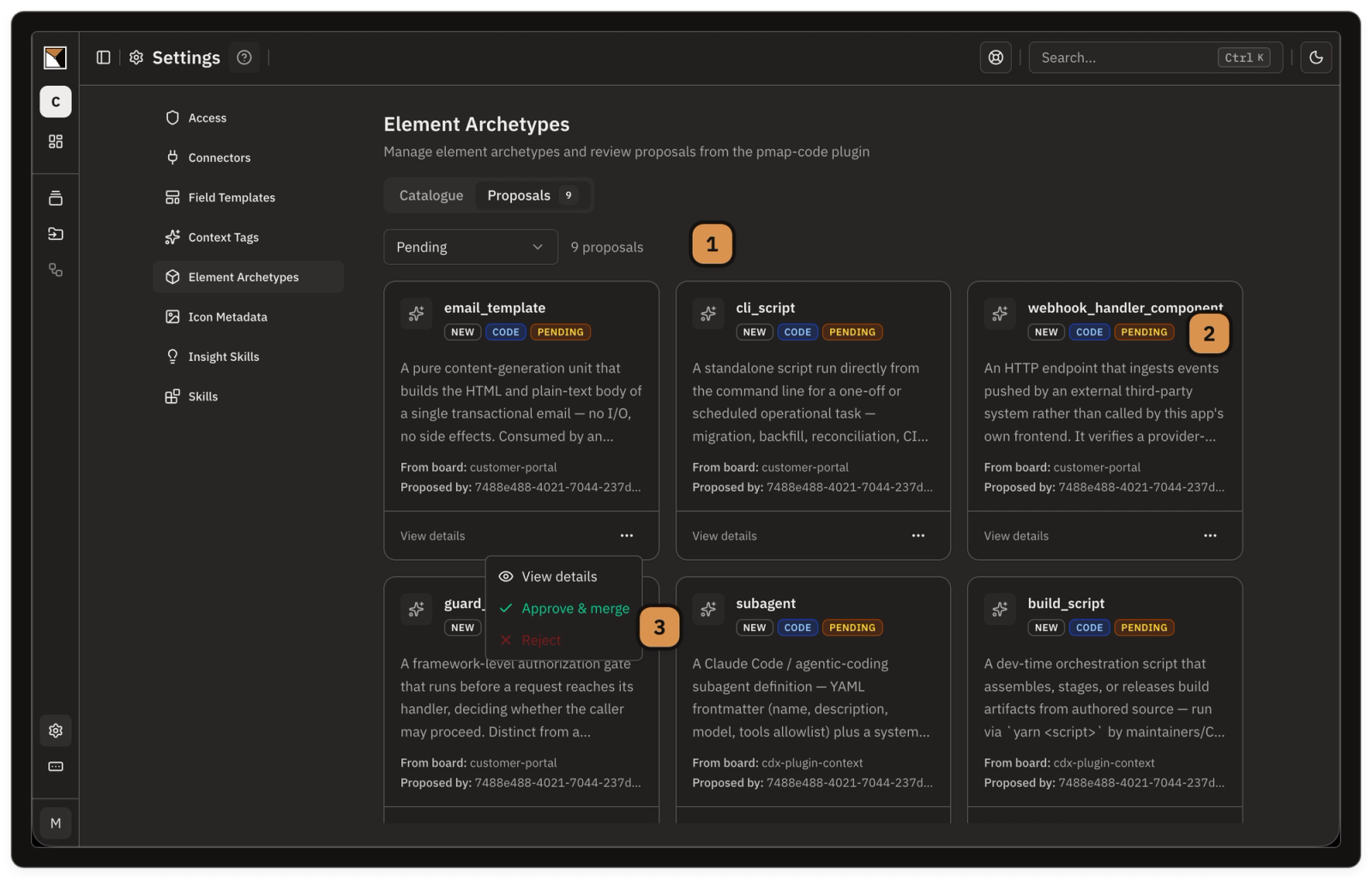The Proposals tab listing pending plugin-submitted archetype proposals with approve and reject actions