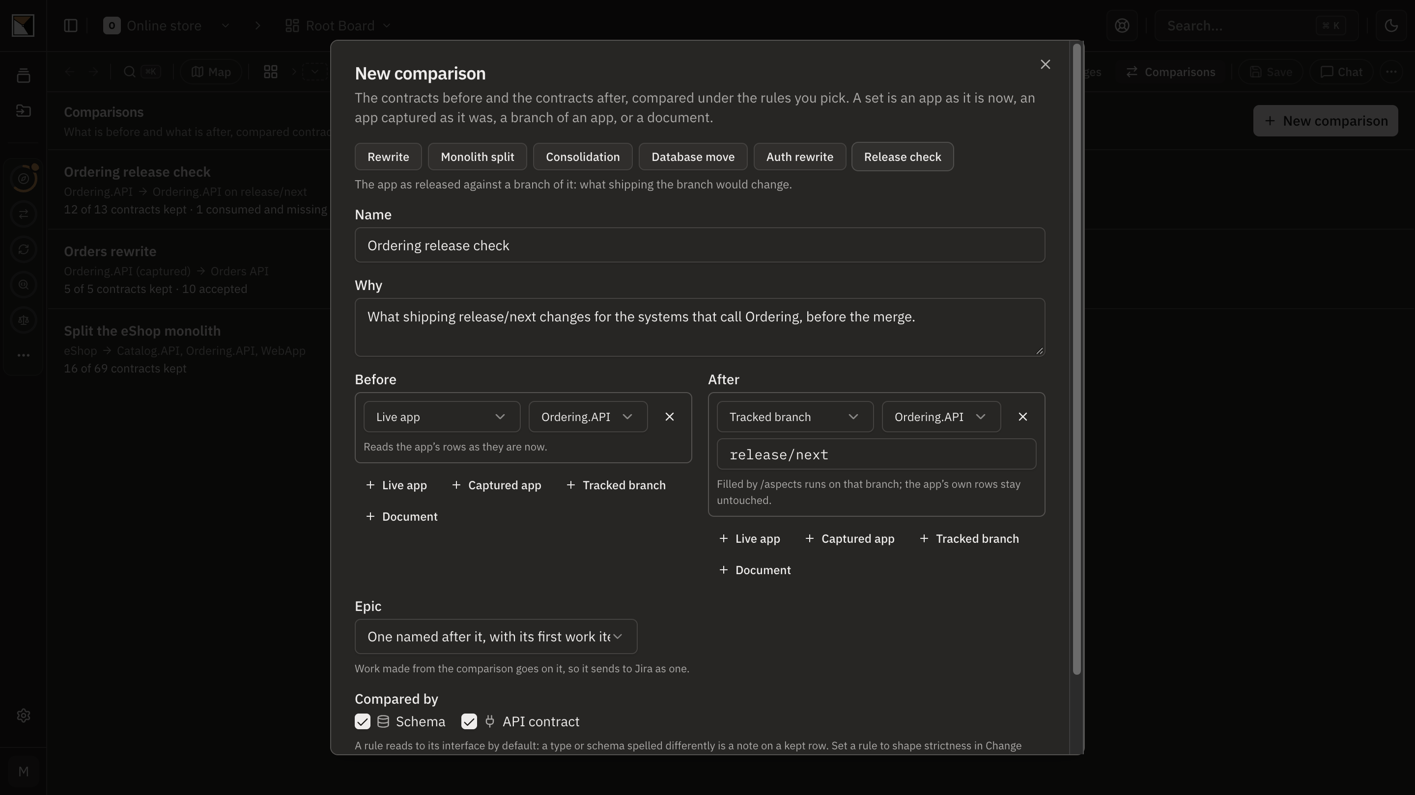 The New comparison dialog on the Release check preset: Ordering.API live on one side, the same app on the release/next branch on the other.