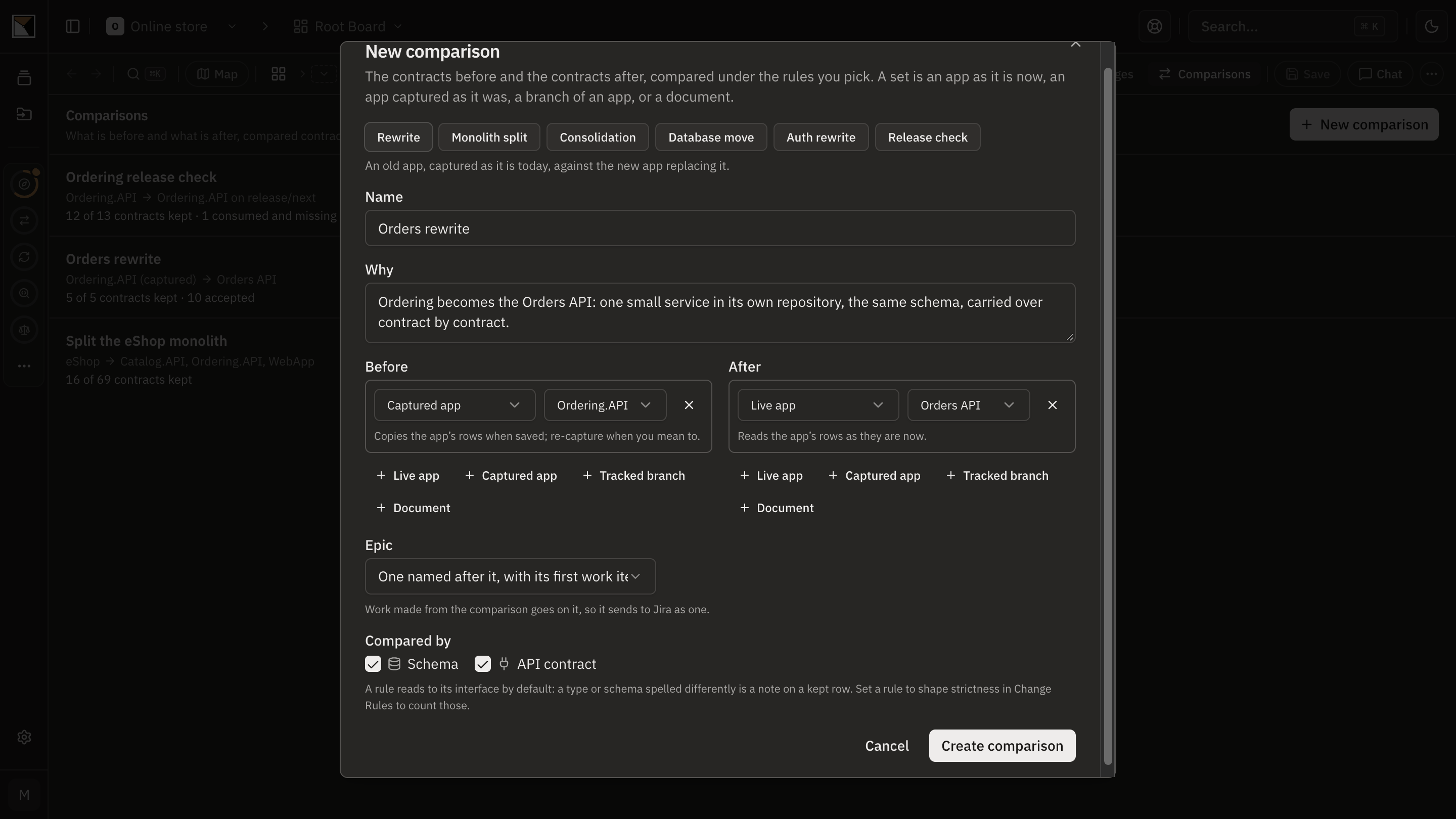The New comparison dialog on the Rewrite preset: Ordering.API held on the before side, the new Orders API bound on the after side, filed under the Orders rewrite epic.