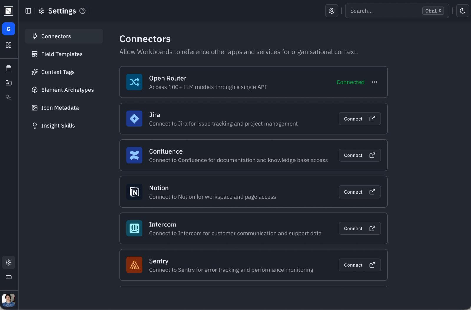 Settings → Integrations showing the OpenRouter model-provider card marked Connected