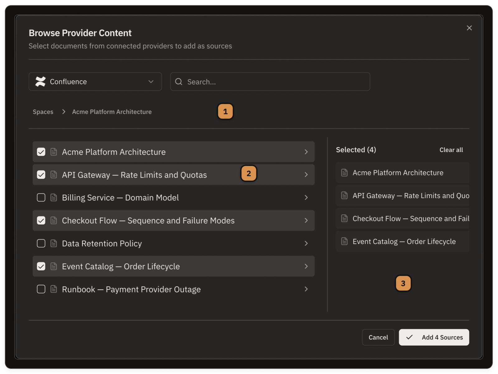 The connector browse dialog for an authorized provider, with a Confluence space expanded and several pages multi-selected
