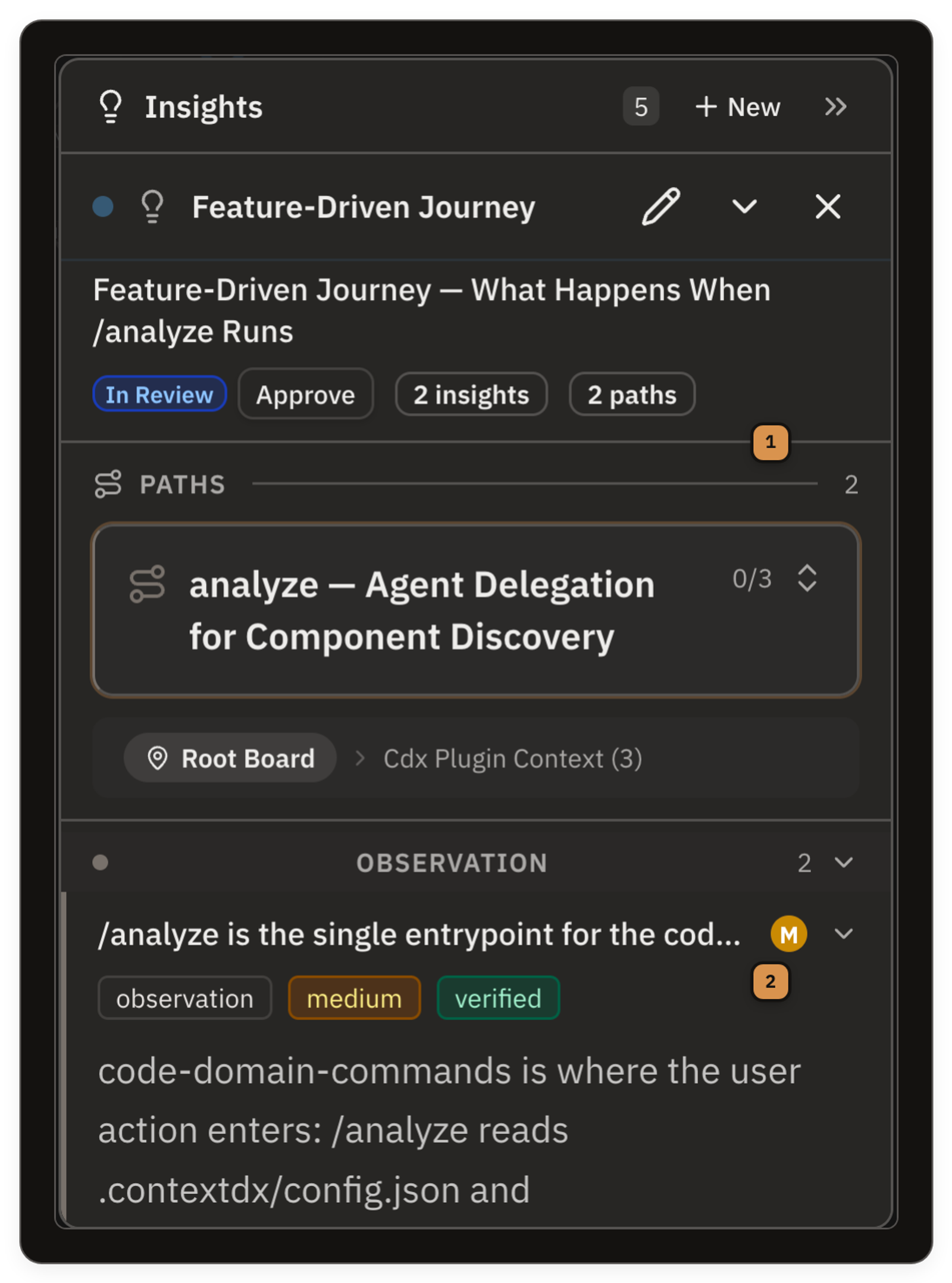 The insights panel on a board's canvas with one insight's trail expanded — insights grouped by how they relate to the board, with the open insight's traced path highlighted on the diagram