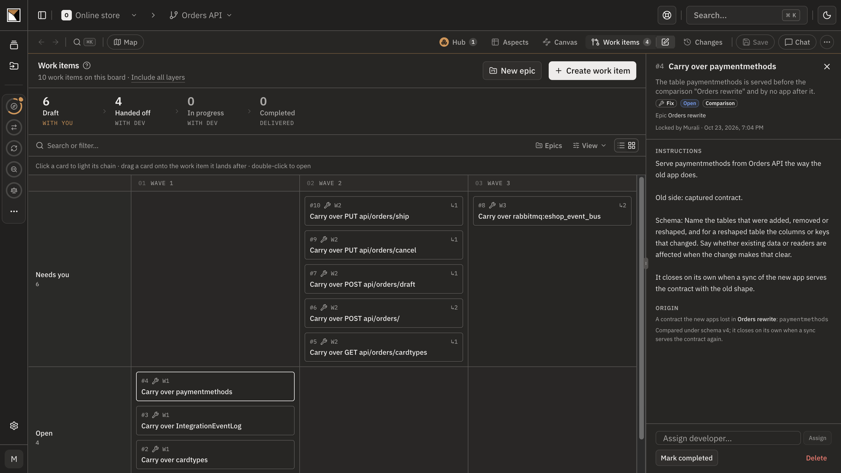 Orders API's work items on the grid in three waves: four table items in wave 1 handed off, the endpoints in wave 2 and the event channel in wave 3 still drafts, one item open beside it.