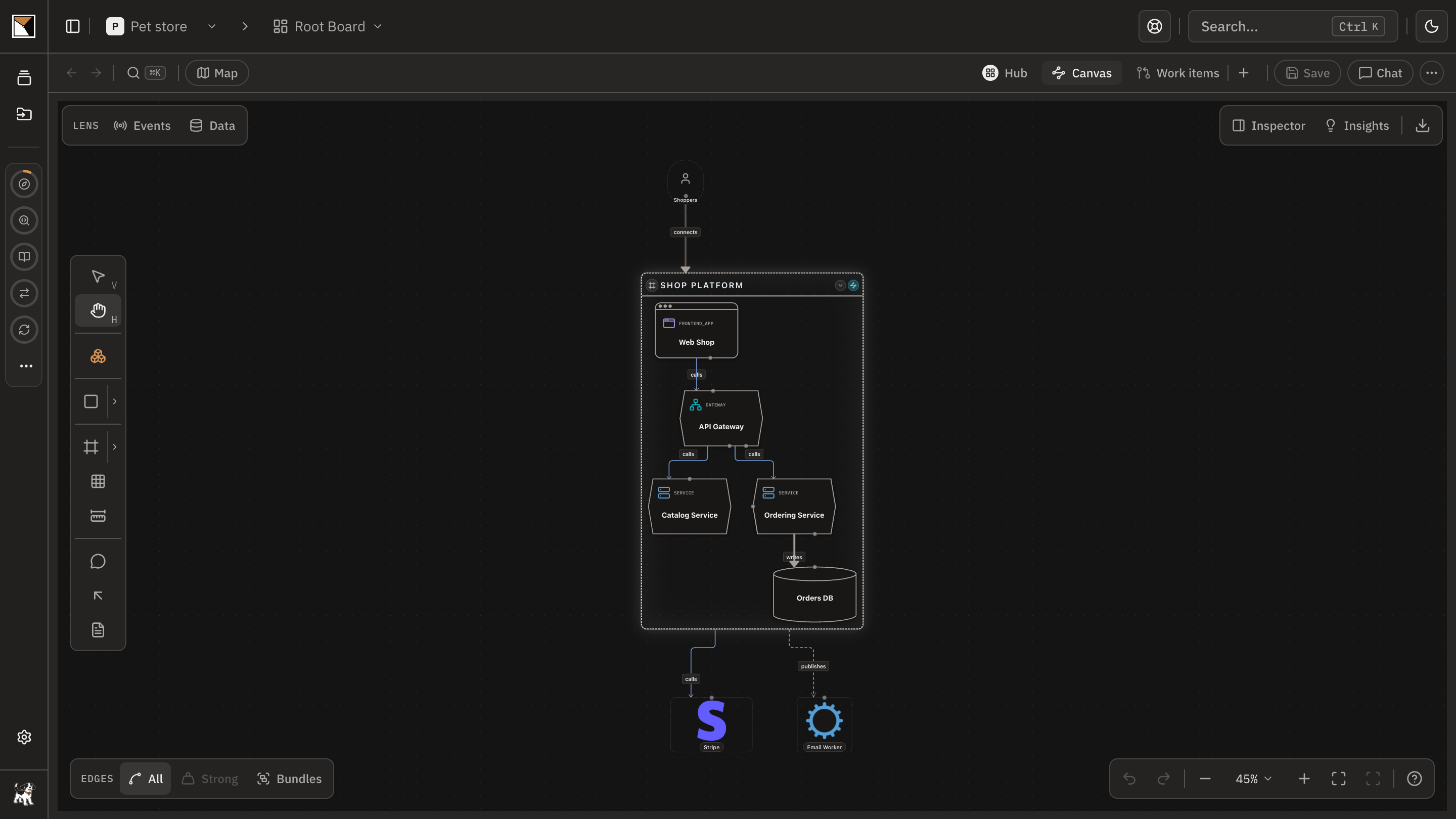 A landscape on the root board: the systems an organisation runs, buys and integrates, one node each, before any is bound to a repository.