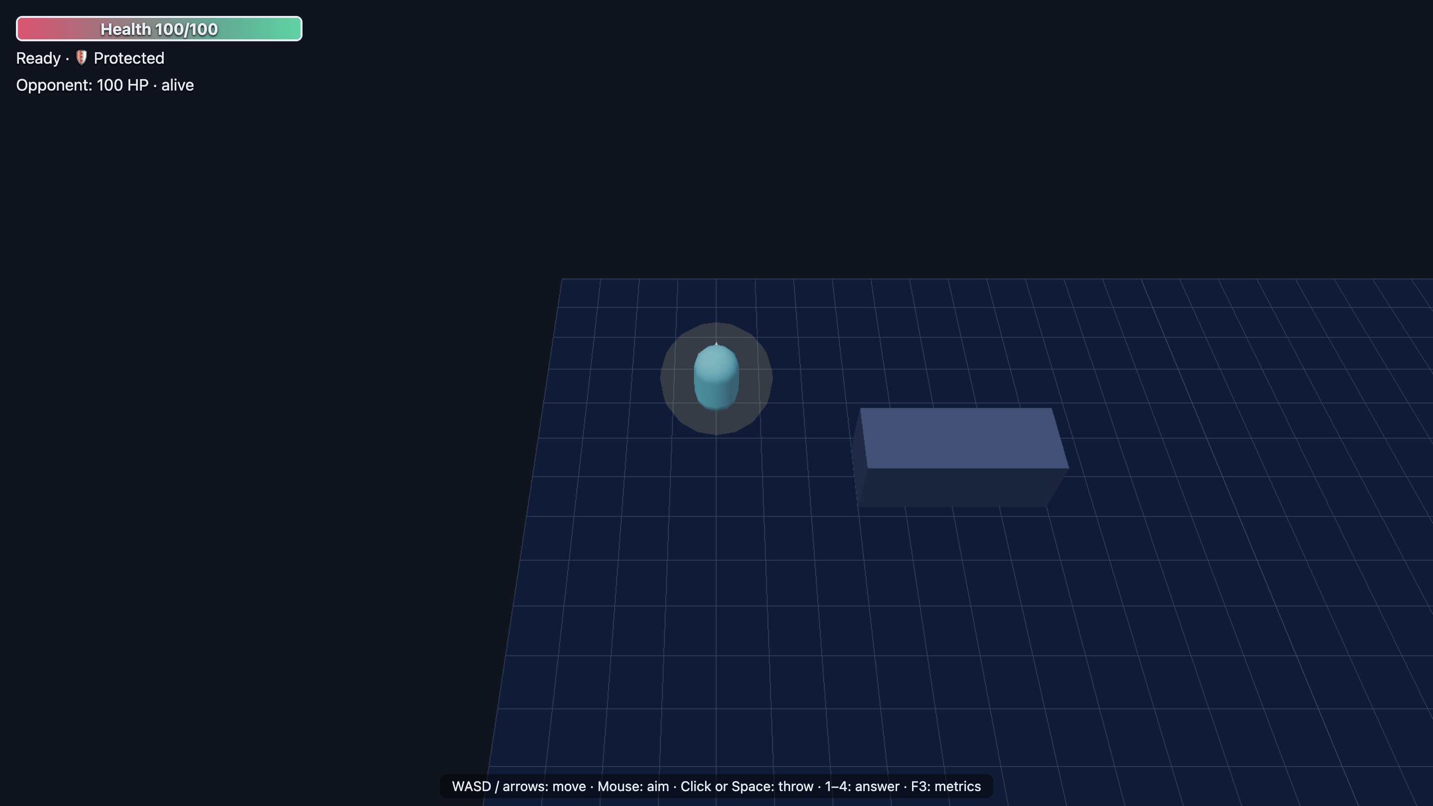 Phase 0 running: two players in the Volleyland arena, the server deciding every outcome.