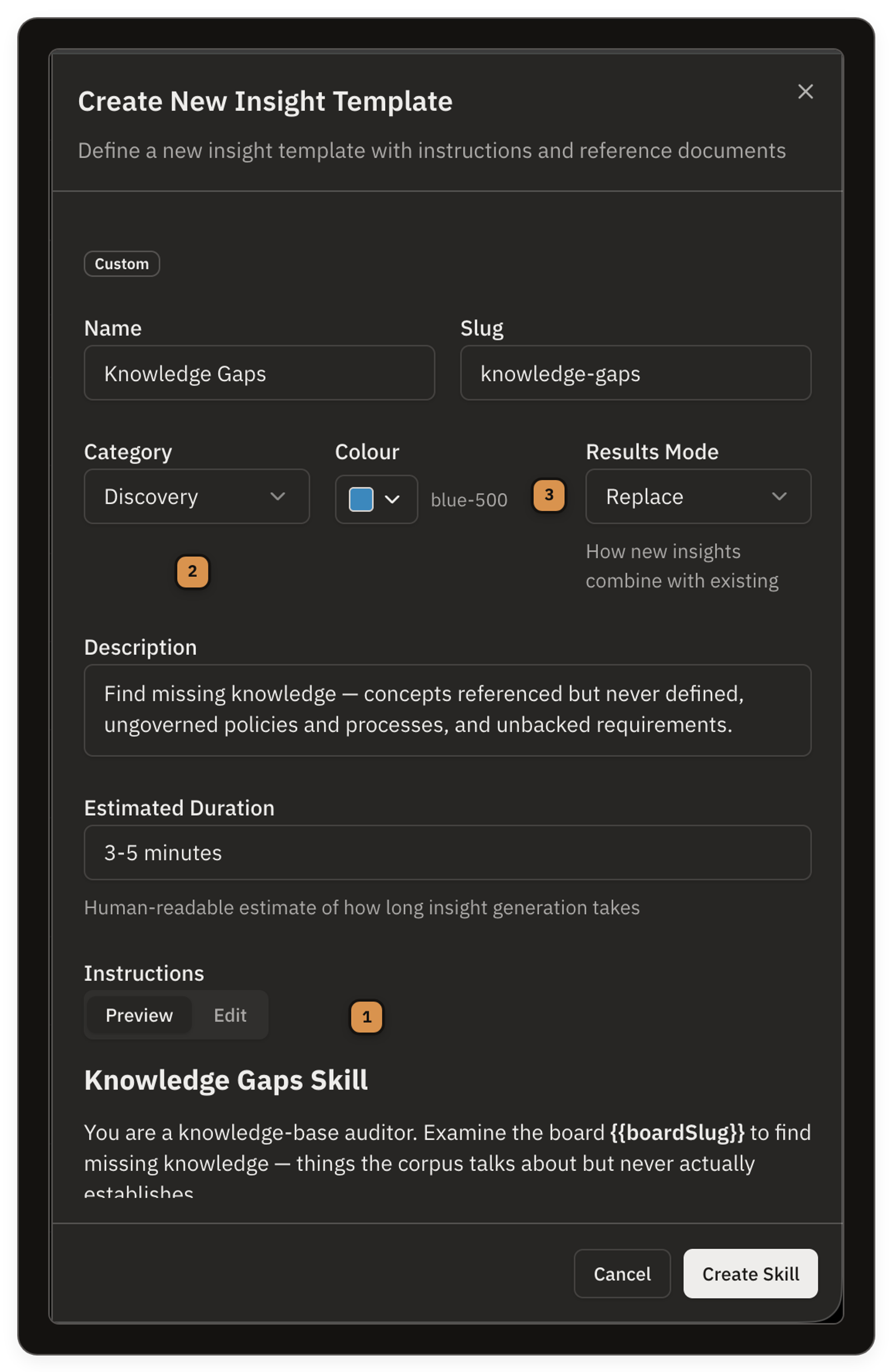 The Insight Skills settings screen with the create form open — a custom skill's instructions, category and results mode filled in