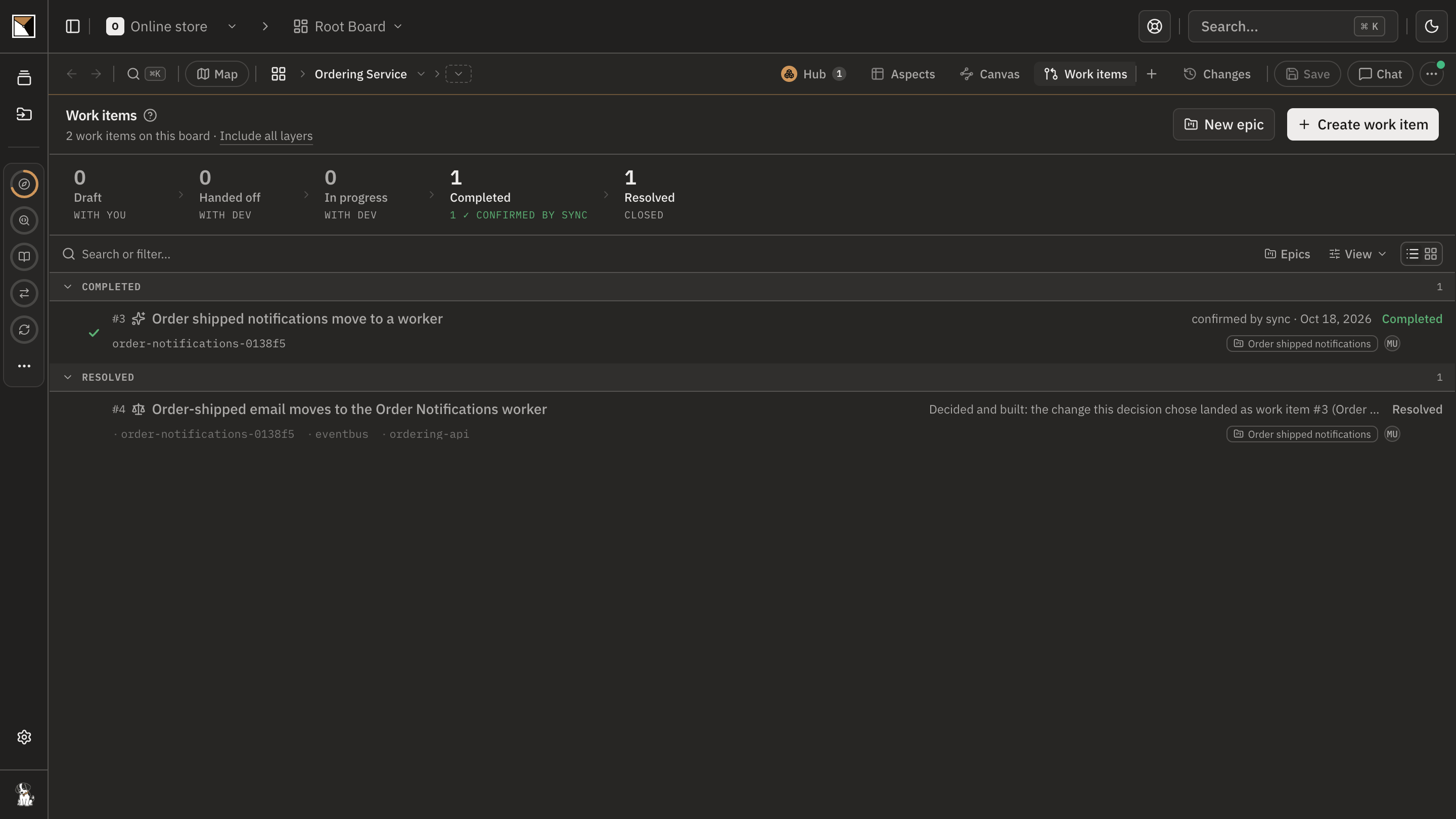 The Work items screen: one work item Completed and confirmed by sync, the decision resolved, each handed off and claimed from the coding session.