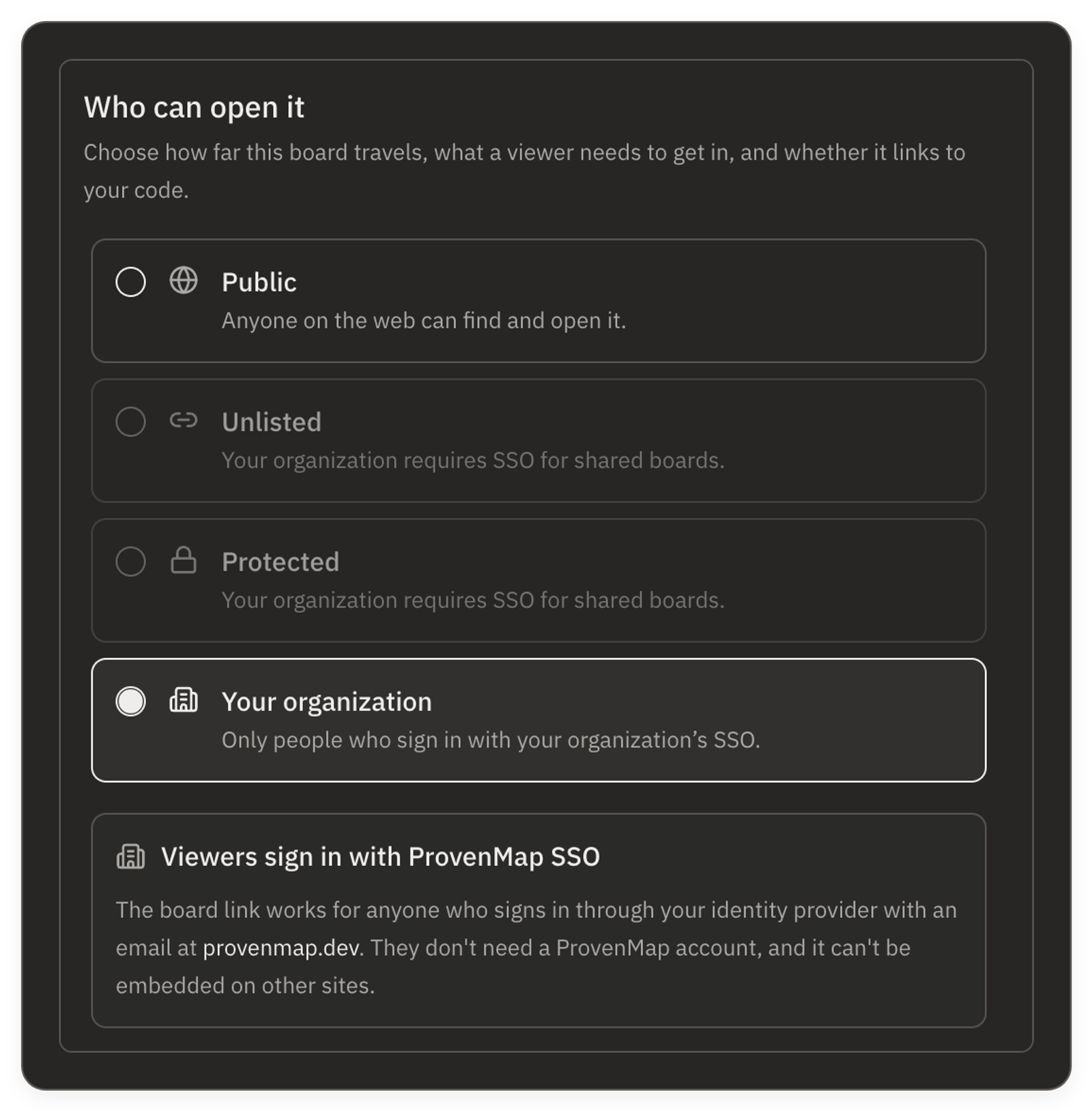 The Access step with Your organization selected, and the note beneath it: Viewers sign in with your organization's SSO, followed by the verified domains the link works for