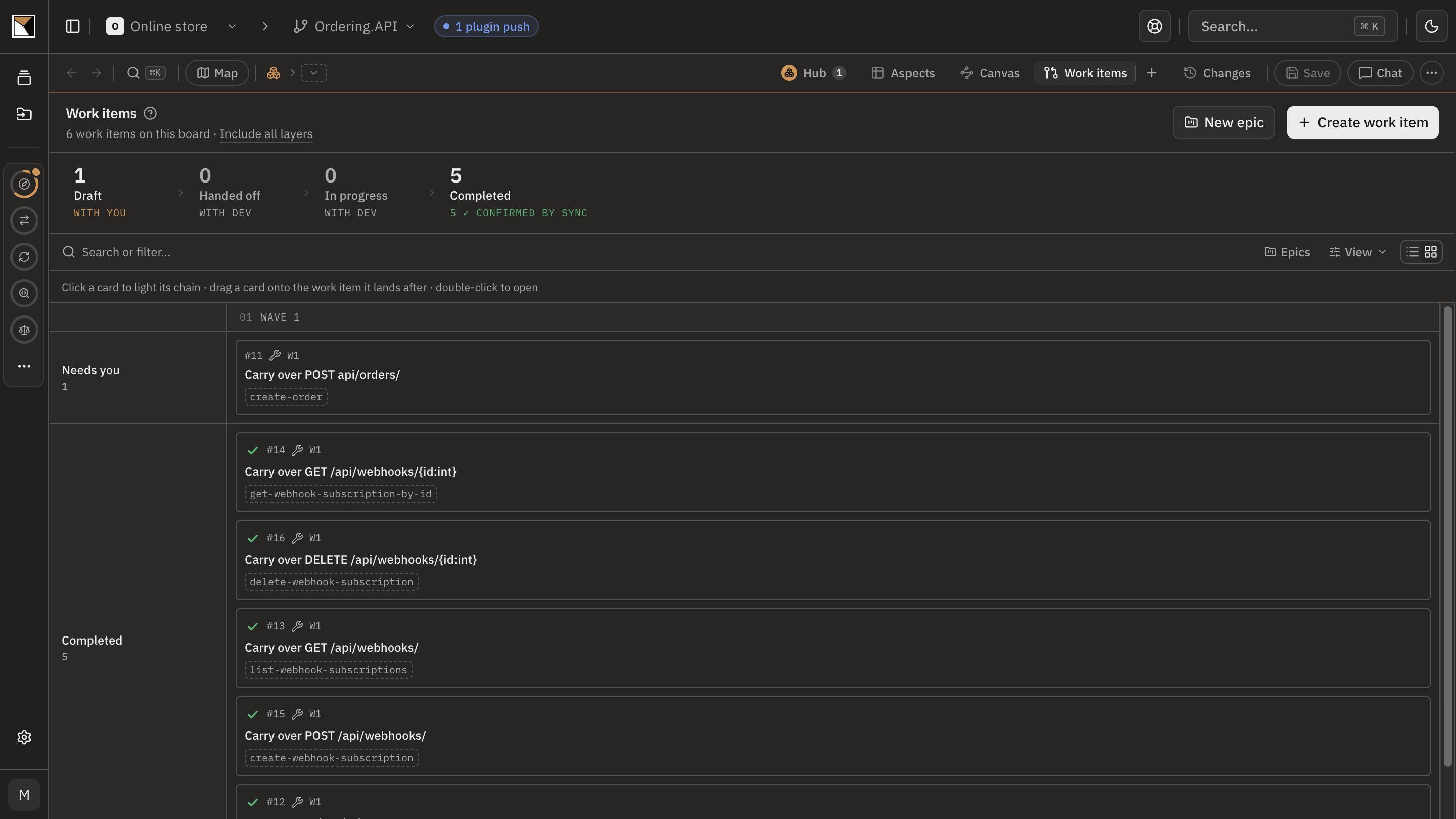 Ordering.API's work items after the Webhooks slice landed: five carry-over items completed and confirmed by sync.