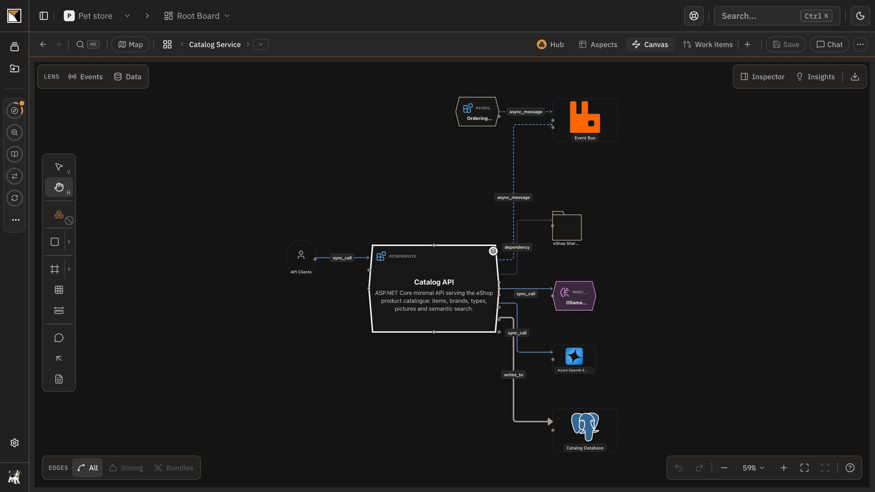 One node selected on the app board, with its details and the edges that connect it to the rest of the stack.