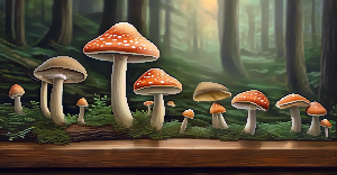 Close-up of psilocybin mushrooms on a wooden table, illuminated by soft natural light, with a blurred nature background.