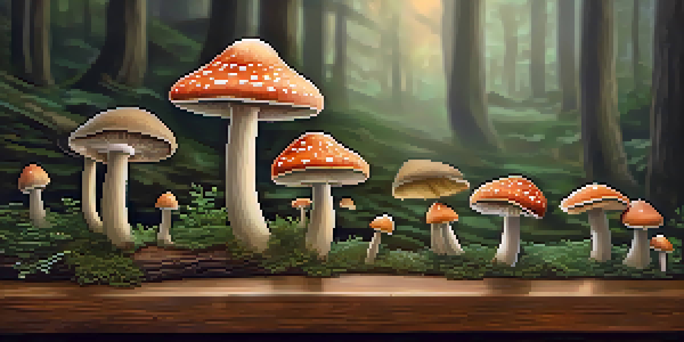 Close-up of psilocybin mushrooms on a wooden table, illuminated by soft natural light, with a blurred nature background.