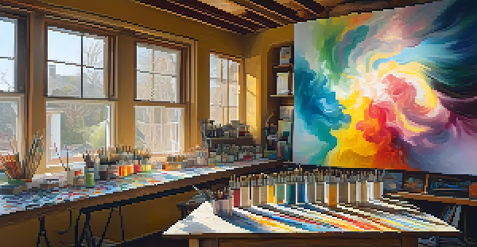 An artist's studio with colorful abstract paintings and a wooden table filled with art supplies, illuminated by sunlight.