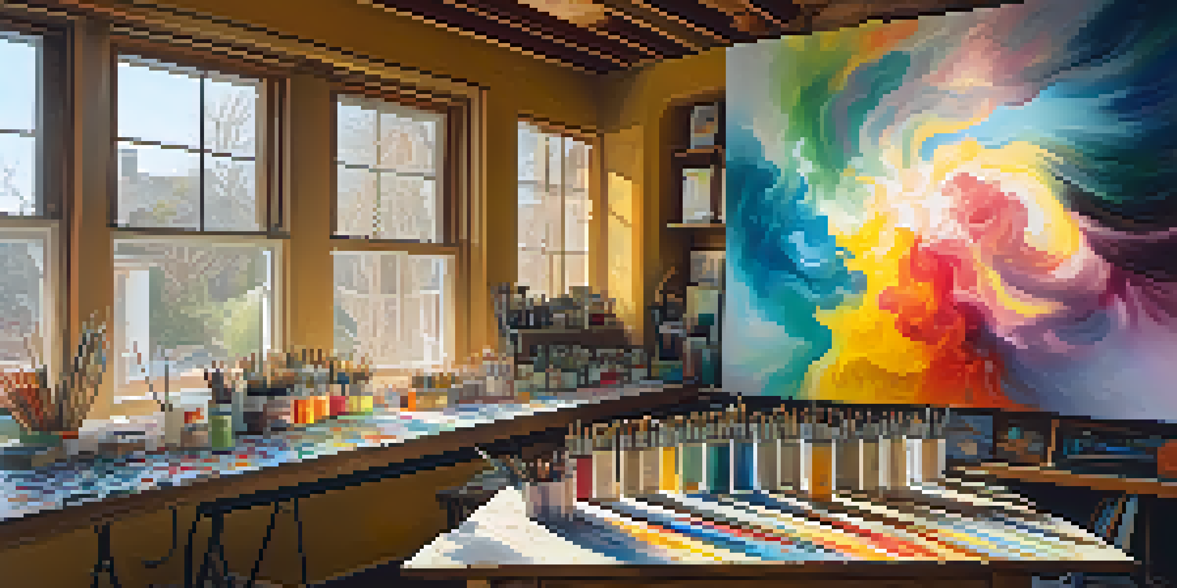 An artist's studio with colorful abstract paintings and a wooden table filled with art supplies, illuminated by sunlight.