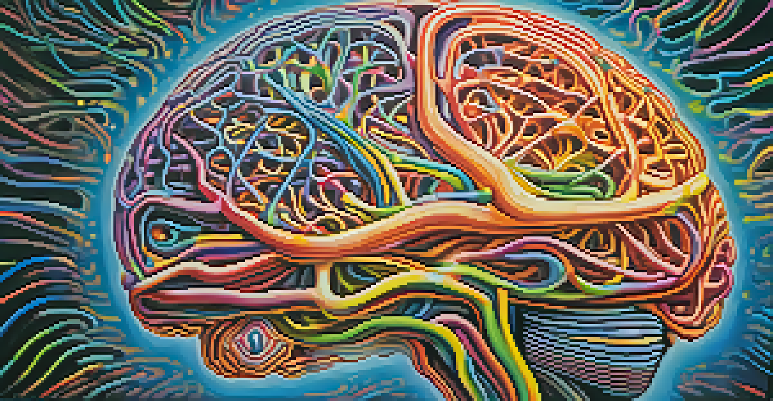An abstract image of a bright human brain with colorful neural pathways, symbolizing creativity and altered perception.