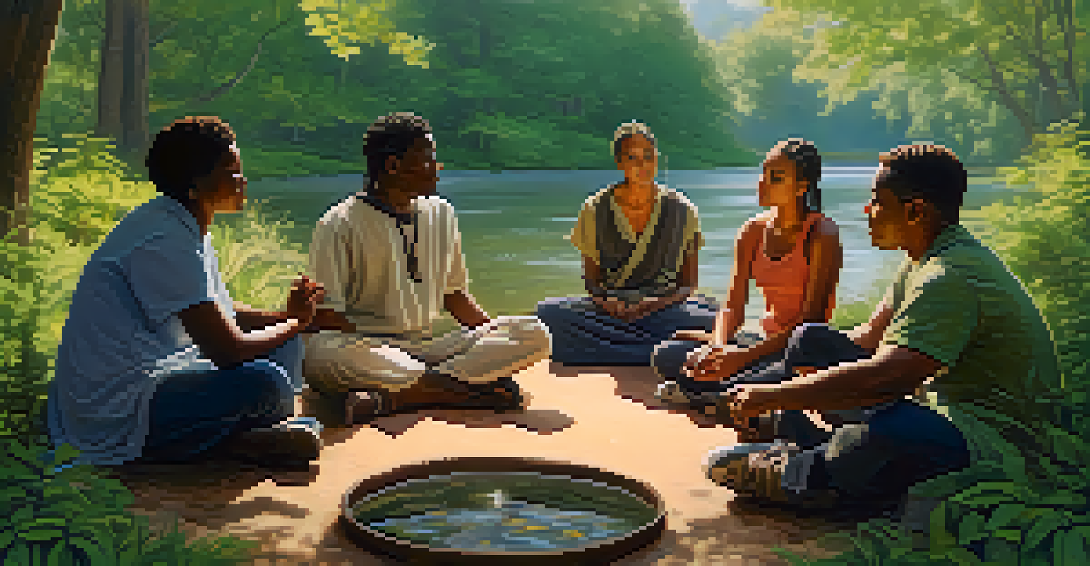 A diverse group of people sitting in a circle outdoors, surrounded by nature, engaging in a calming ritual.
