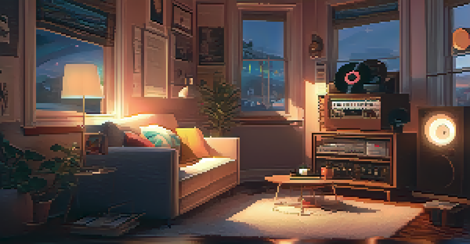 A cozy room with a record player, cushions, and floating music notes in warm light.