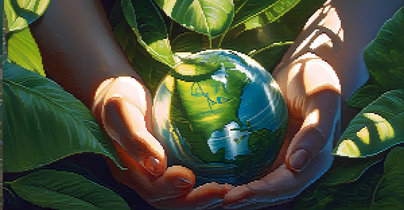A person's hands holding a globe surrounded by green leaves with sunlight filtering through.