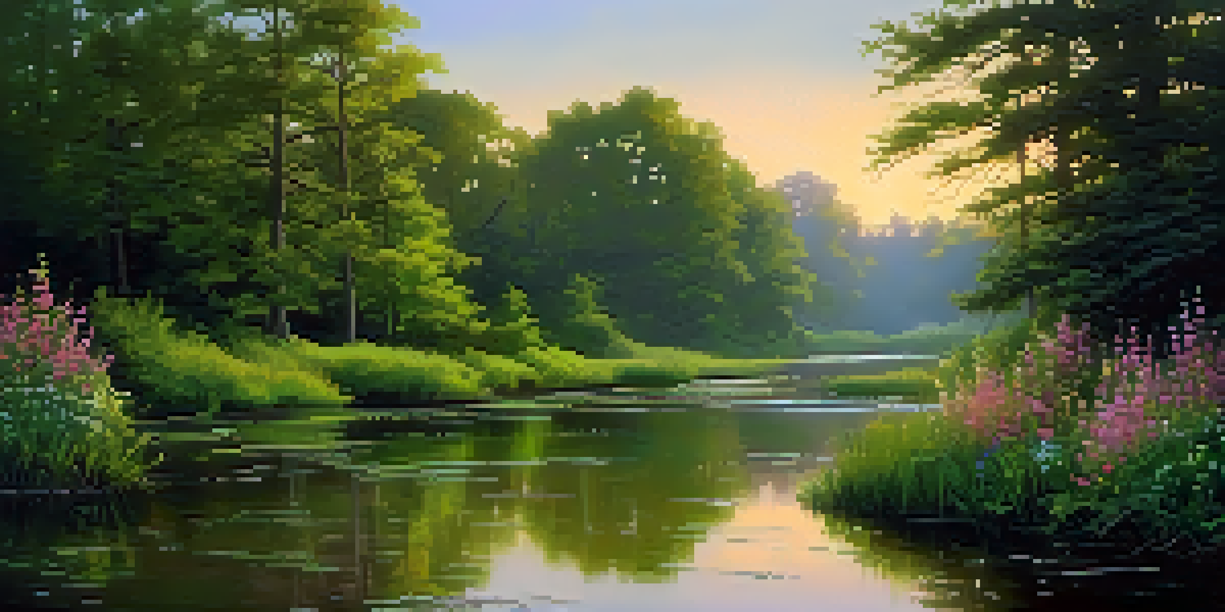 A tranquil forest at dawn with sunlight filtering through leaves, vibrant wildflowers, and a calm stream reflecting the sky.
