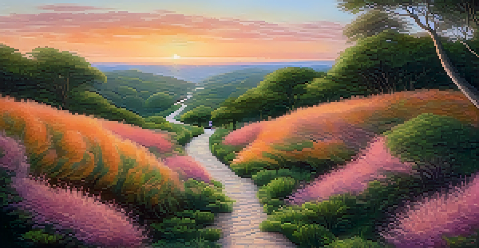 A peaceful nature scene at sunset with a winding path through greenery, symbolizing healing and self-discovery.