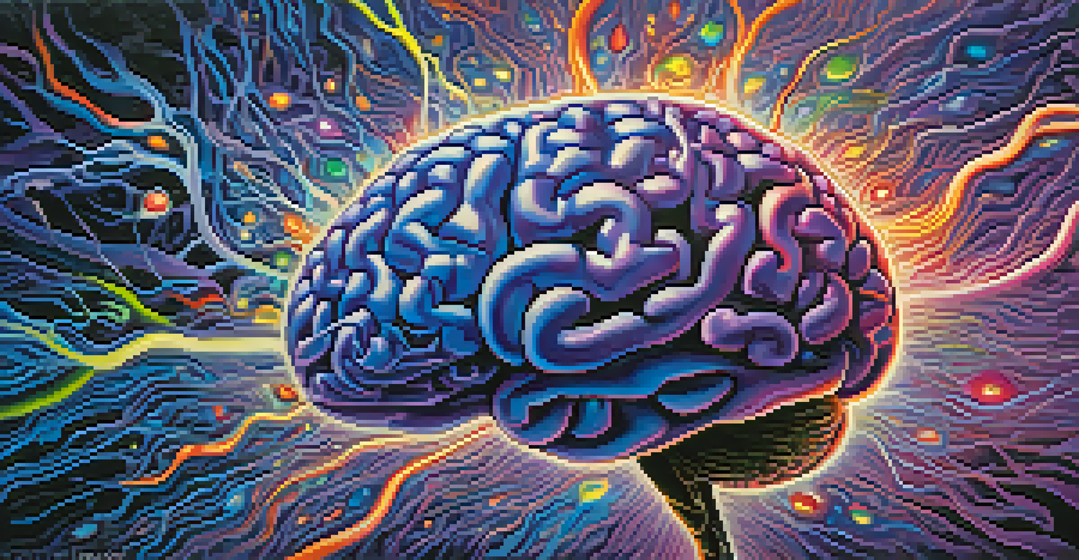 An abstract depiction of a brain with colorful synapses and swirling patterns representing altered consciousness.