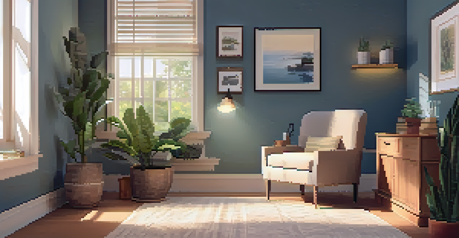 A serene therapy room featuring soft lighting, a comfortable chair, and calming artwork on the walls.