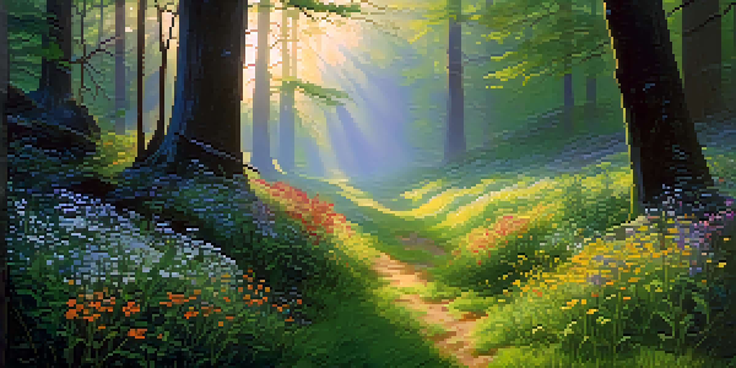 A peaceful forest scene at dawn with sunlight filtering through trees, colorful wildflowers, and a misty atmosphere.