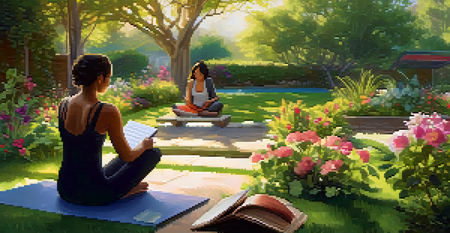 A tranquil garden with colorful flowers, a patient writing in a journal, and a therapist providing guidance under warm sunlight.
