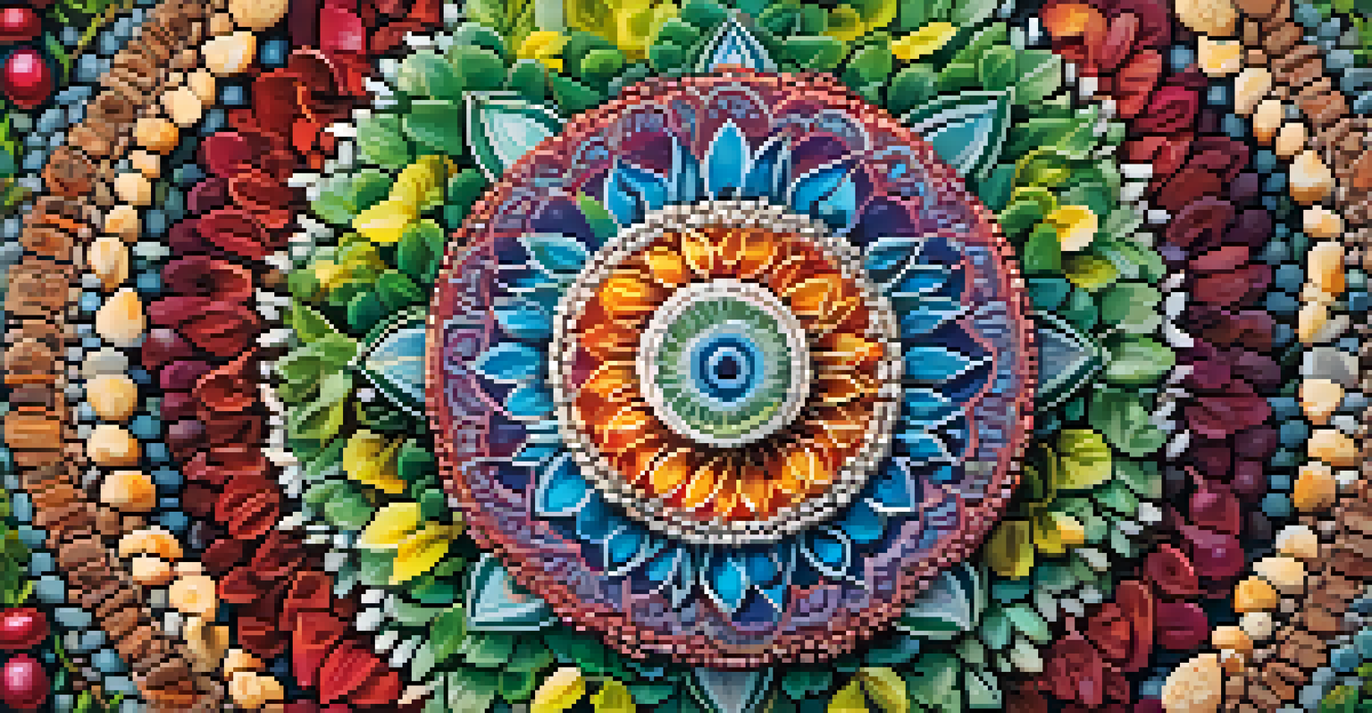 A close-up view of a colorful mandala made from leaves, flowers, and stones, with vibrant colors and detailed textures.