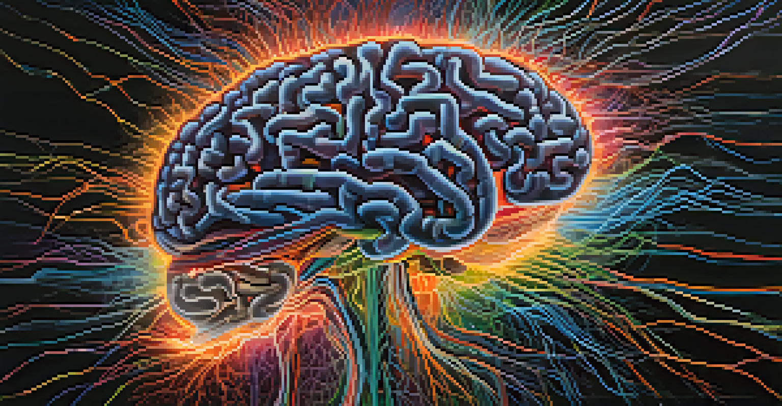 An abstract illustration of a human brain with colorful neural pathways and glowing synapses against a dark background.