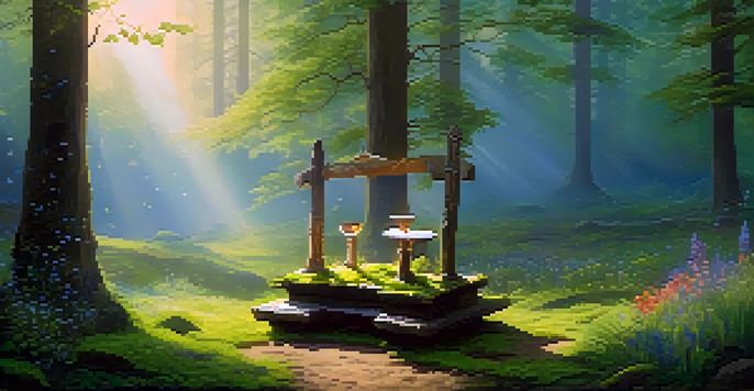A tranquil forest with sunlight, green moss, wildflowers, and a wooden altar with crystals and feathers.