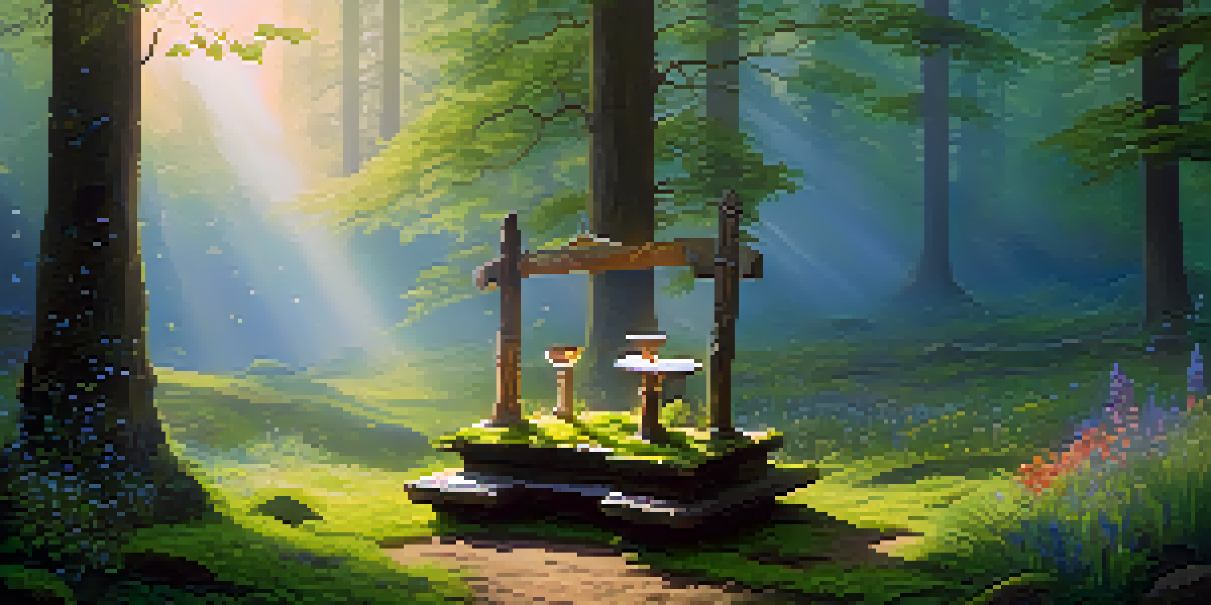 A tranquil forest with sunlight, green moss, wildflowers, and a wooden altar with crystals and feathers.