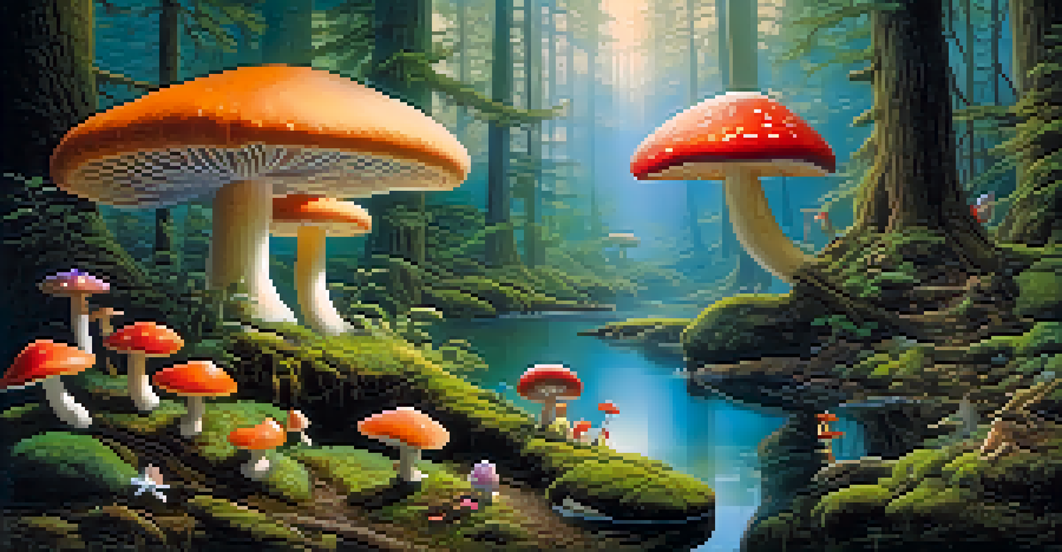 A serene forest scene with colorful mushrooms and whimsical creatures, illuminated by soft ethereal light, inspired by hallucinogenic experiences.